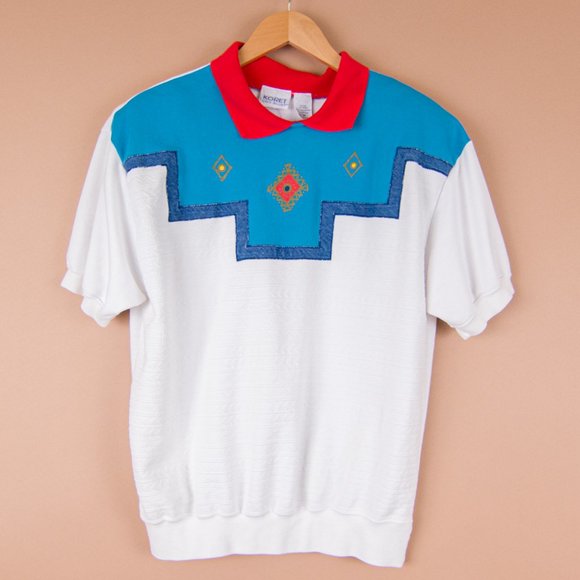 Koret City Blues Tops - VINTAGE White top with Red Blue Geometric Top